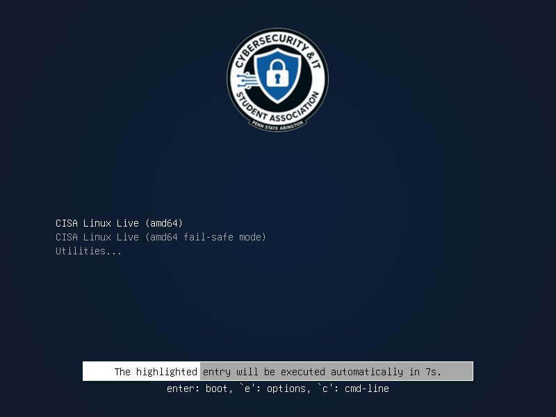 The CISA Linux boot menu with the CISA badge