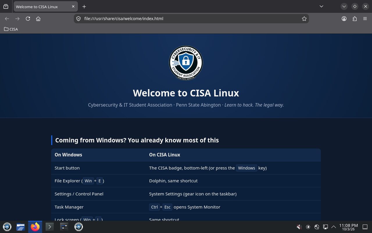 The CISA Linux desktop: a Windows-style taskbar with the CISA badge as the Start button, and the Welcome page open in Firefox