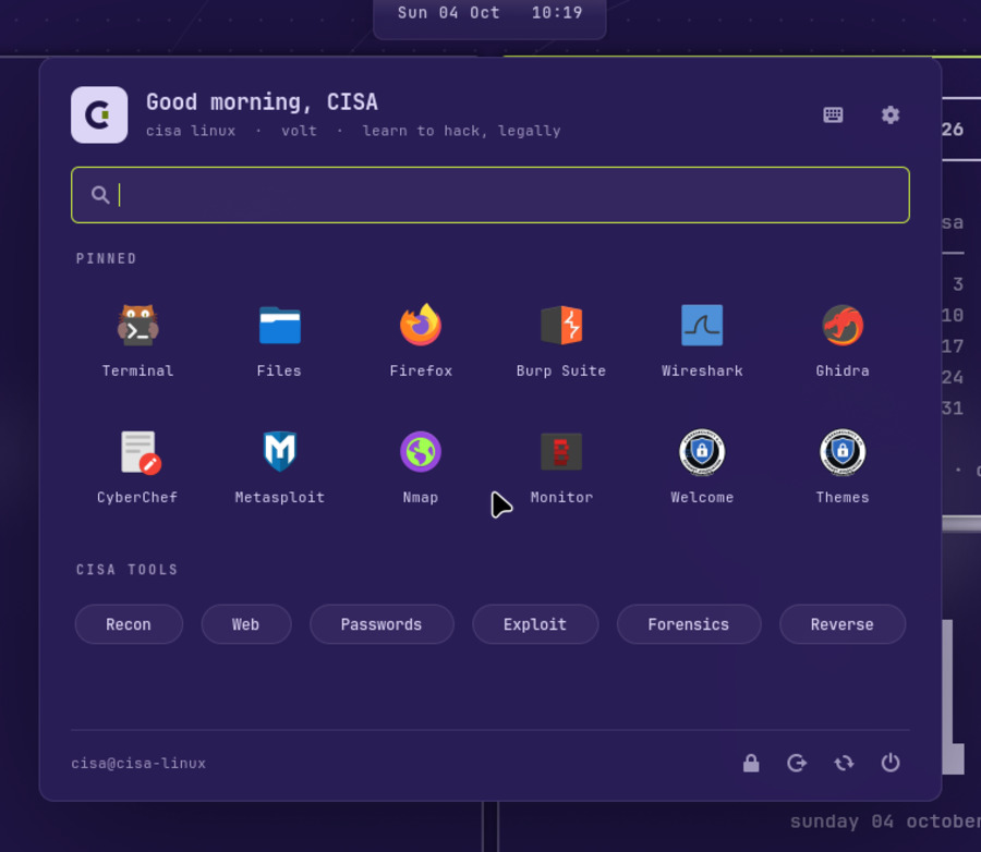 The CISA menu: a greeting, a search box, pinned apps such as Terminal, Burp Suite, Wireshark and Ghidra, CISA tool categories, and power buttons