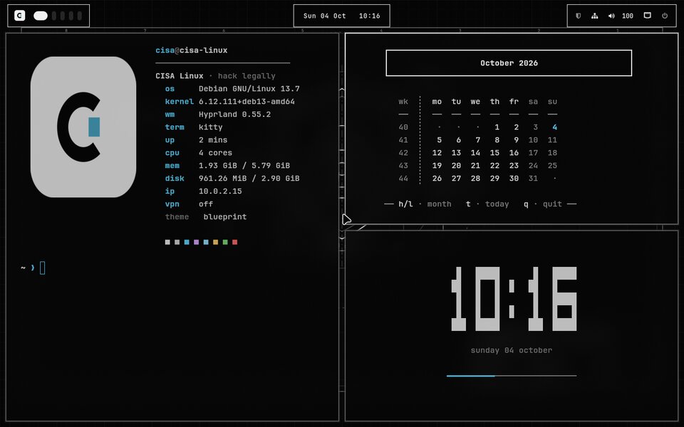 Blueprint theme: monochrome desktop with the CISA shield drawn as an engineering drawing