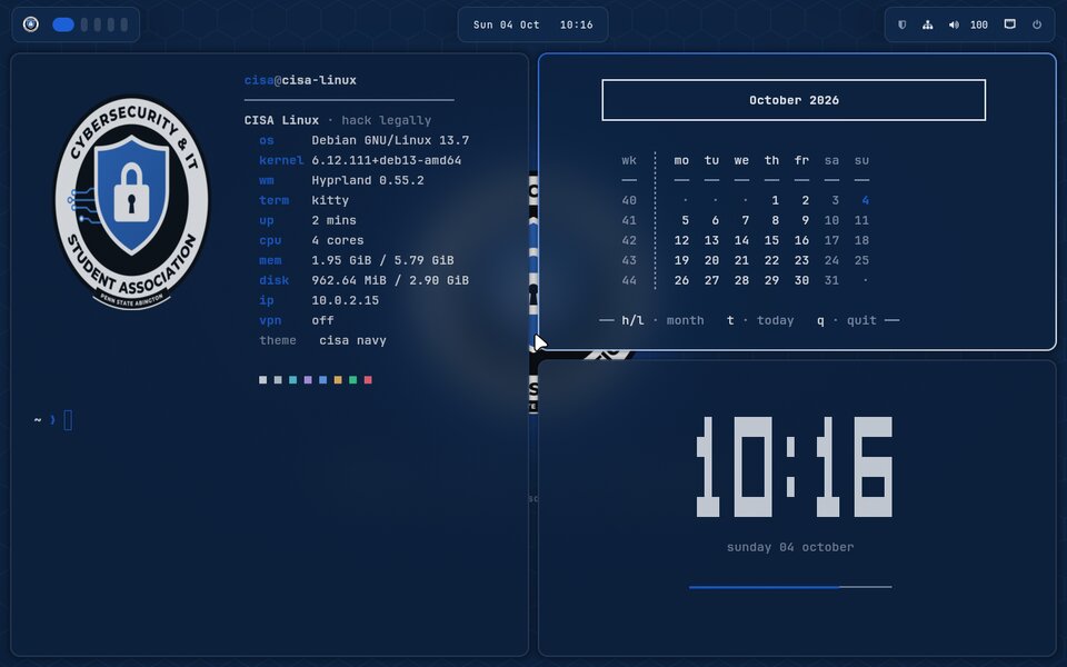 CISA Navy theme in Hyprland: navy desktop, system info with the CISA badge, clock and calendar
